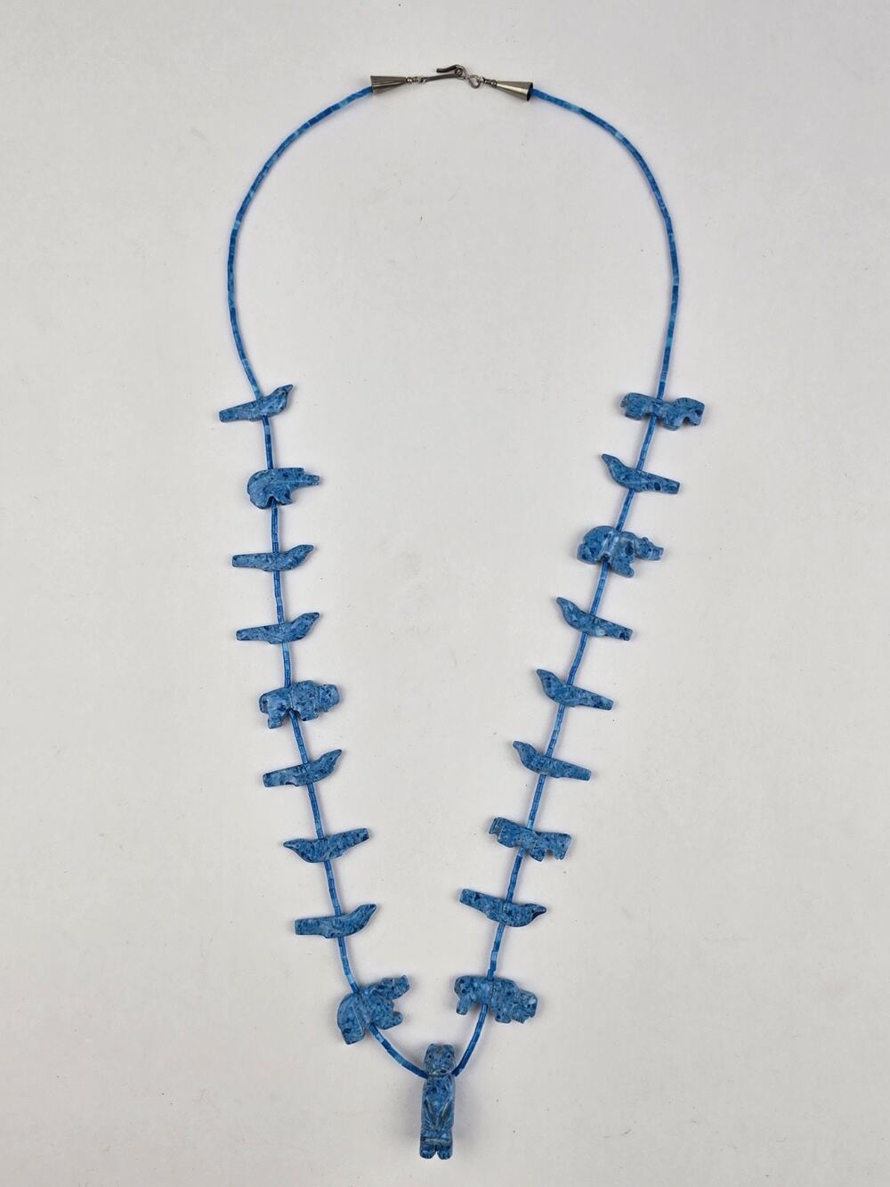 Vintage 31" denim blue lapis lazuli fetish necklace silver cone tips hook clasp